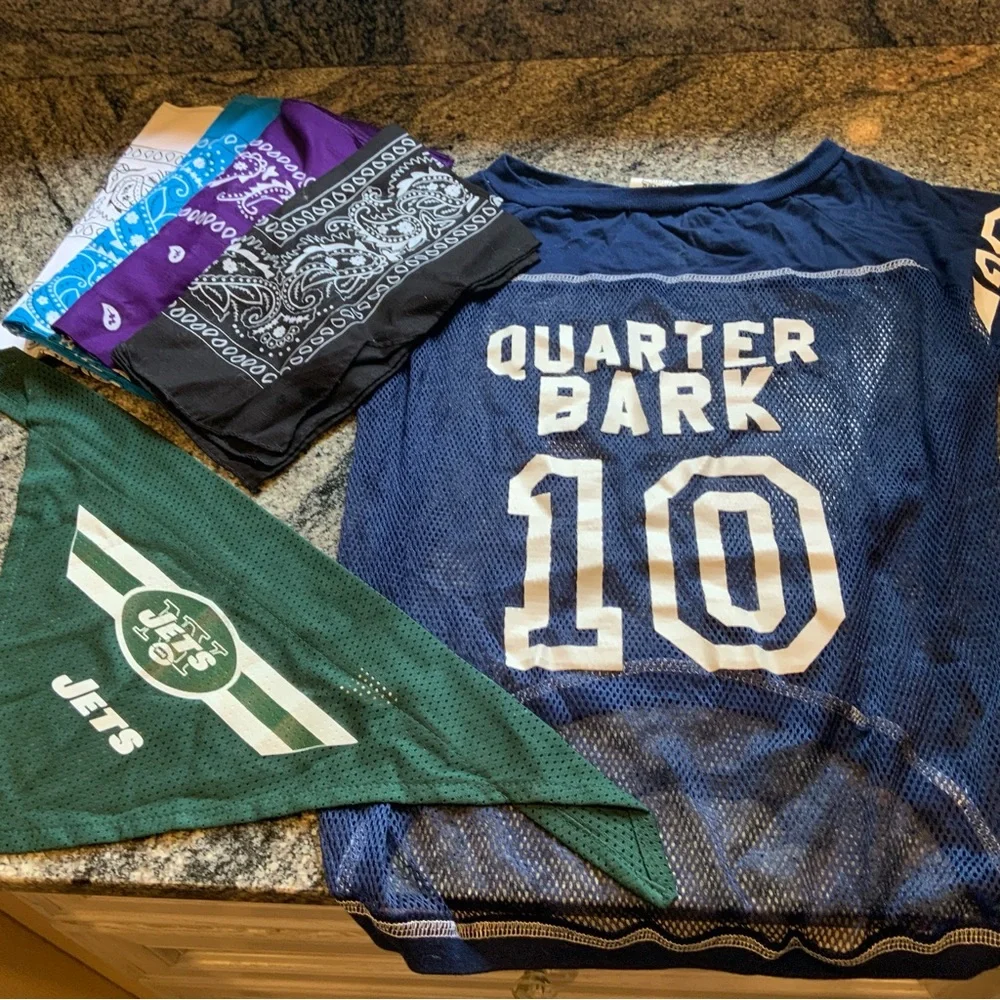 Dog Bundle, Jets Bandana. Blue Dog Jersey, Dog/cat socks set of 3, 4 Bandana’s